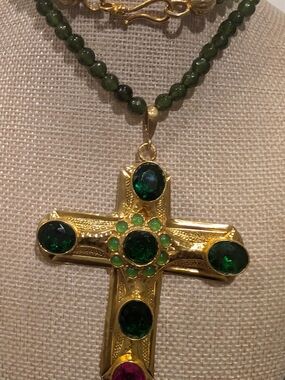 Turkish Gold Cross Pendant Necklace with Green Gemstones - Women Jewelry
